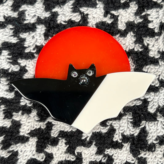 Small Mango and Black and White Bat Moon Brooch in galalith