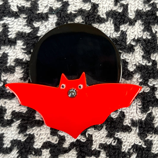 Small Black and Scarlet Bat Moon Brooch in galalith