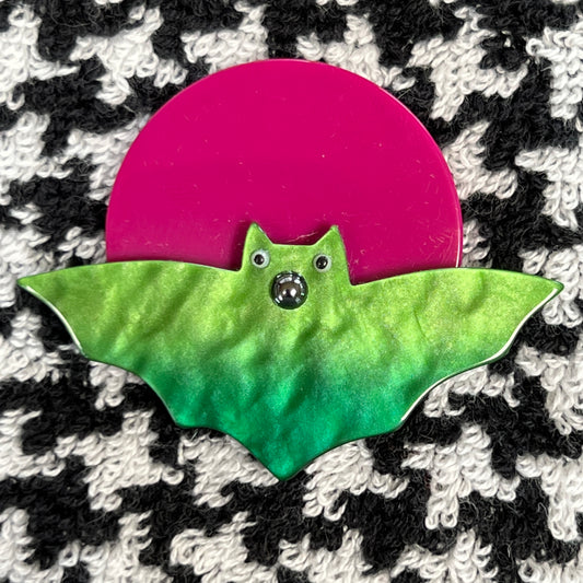 Small Cyclamen and Green Bat Moon Brooch in galalith
