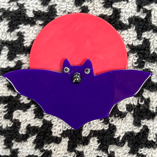 Small Candy Pink and Purple Bat Moon Brooch in galalith