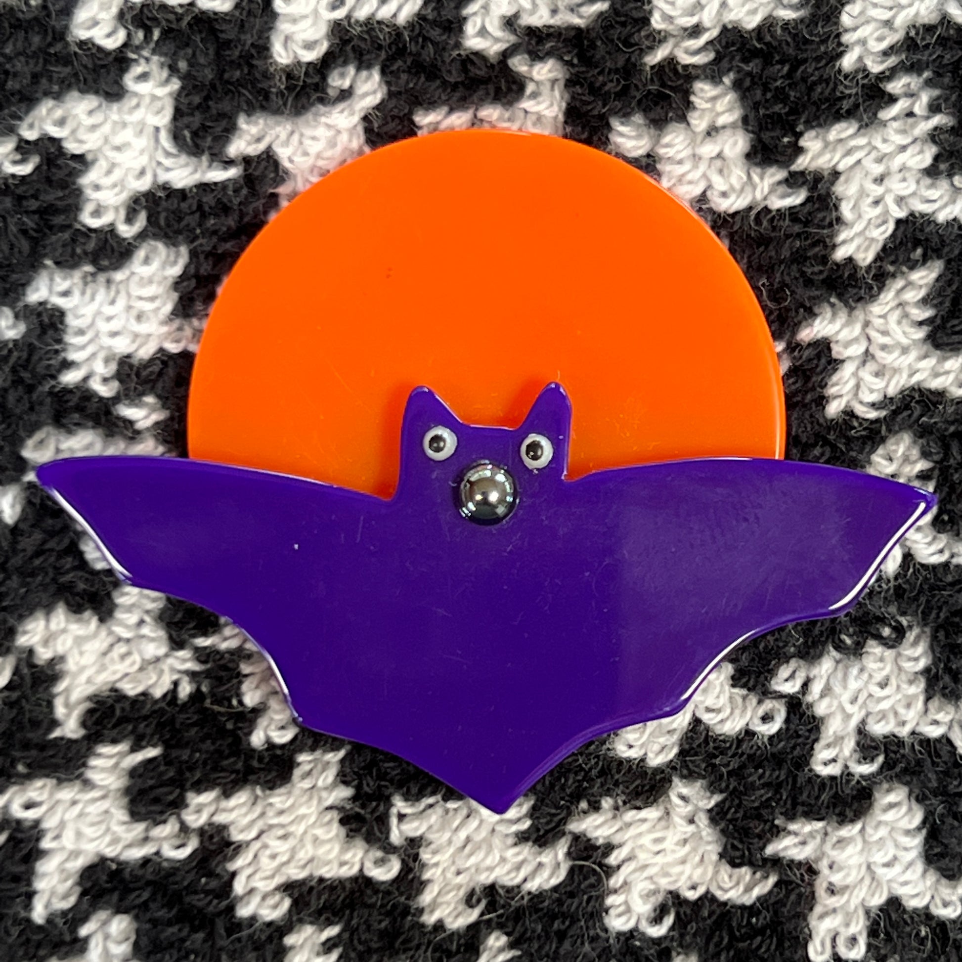 Small Mango and Purple Bat Moon Brooch in galalith