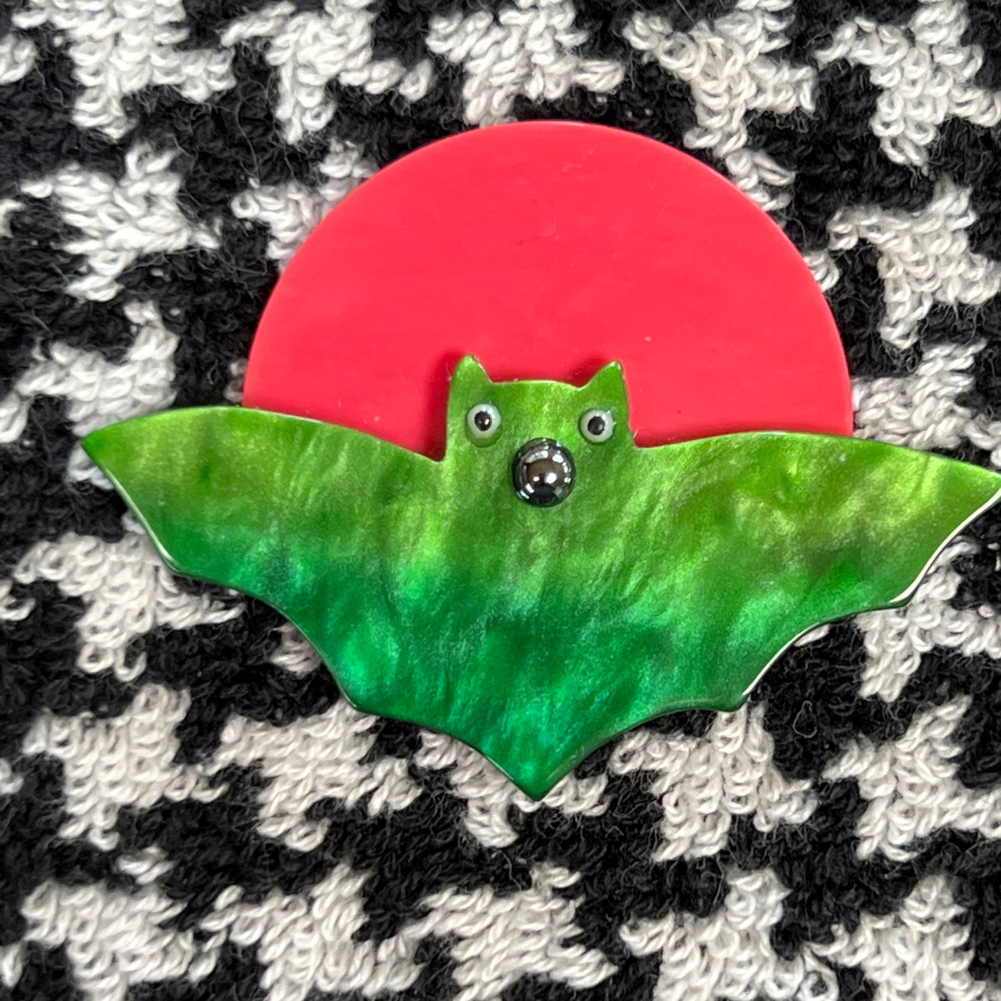 Small Candy Pink and Green Bat Moon Brooch in galalith