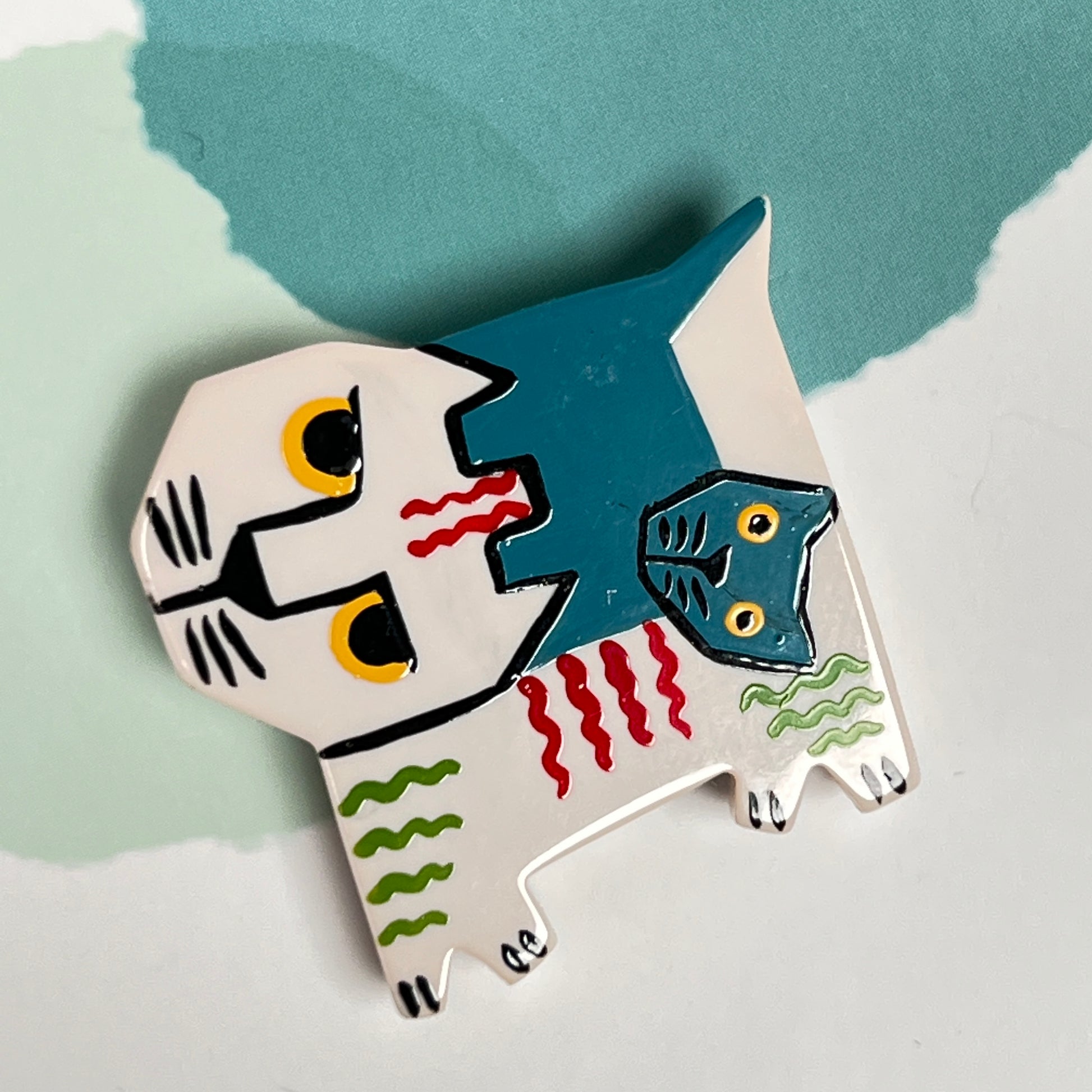 Small Ivory and Lagoon Picasso Cat Brooch in galalith