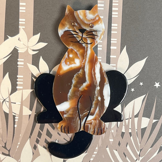 Vanilla and Chocolate Lucifer Cat Brooch in galalith