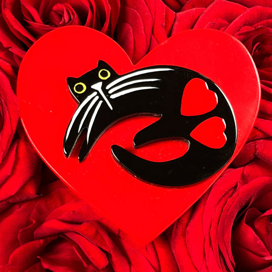 Black Cat on Red Heart  Brooch