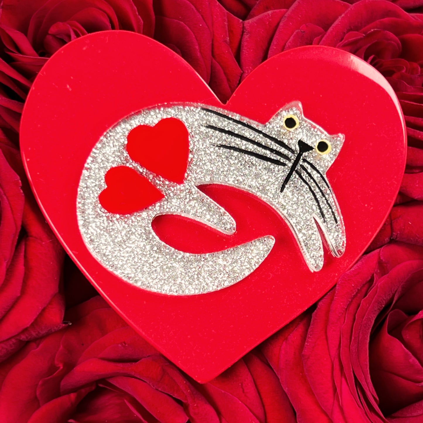 Silver Cat on Scarlet Red Heart Brooch