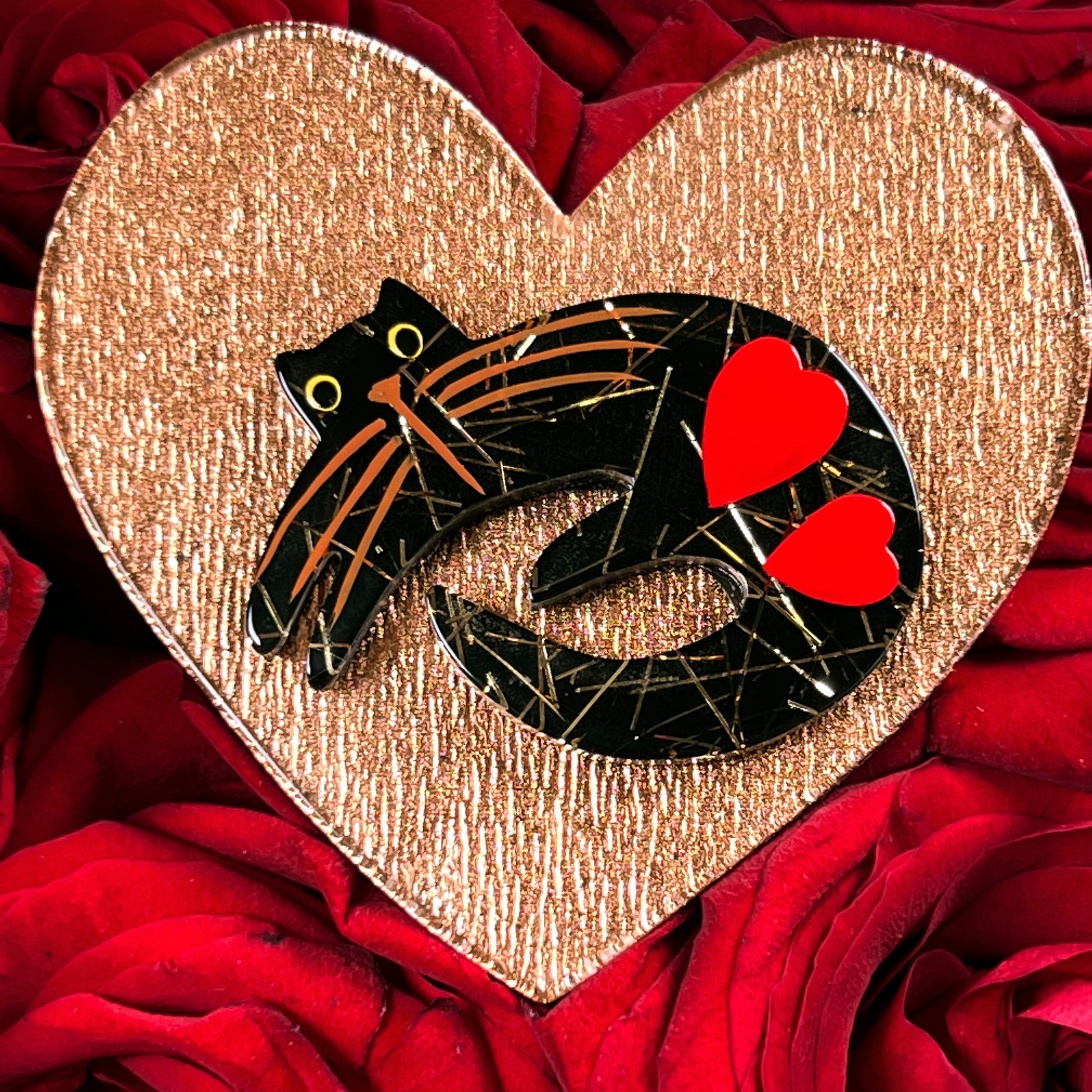 Black with Gold Glitter Cat on Gold Heart Brooch