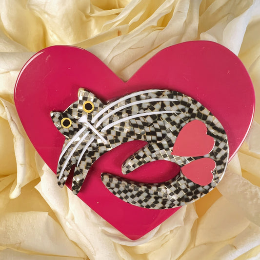 Black and White Checkered Cat on Cyclamen Pink Heart Brooch