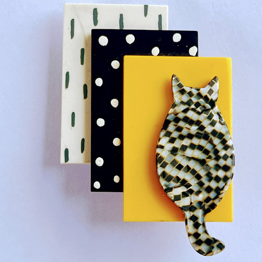 Checkered Kitty on Yellow, Black and White Brooch