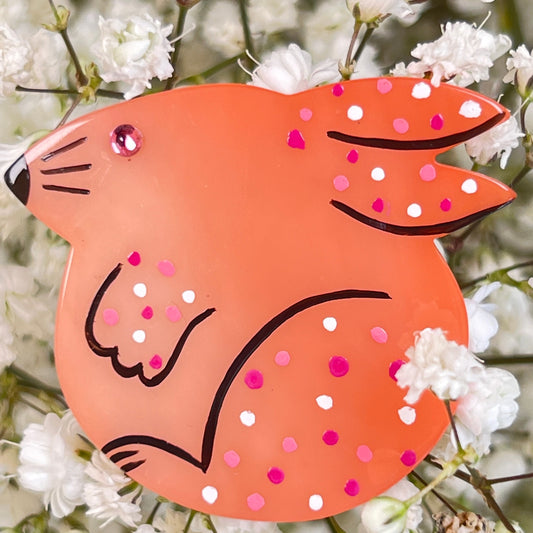 Peach Pink Round Rabbit Brooch in galalith