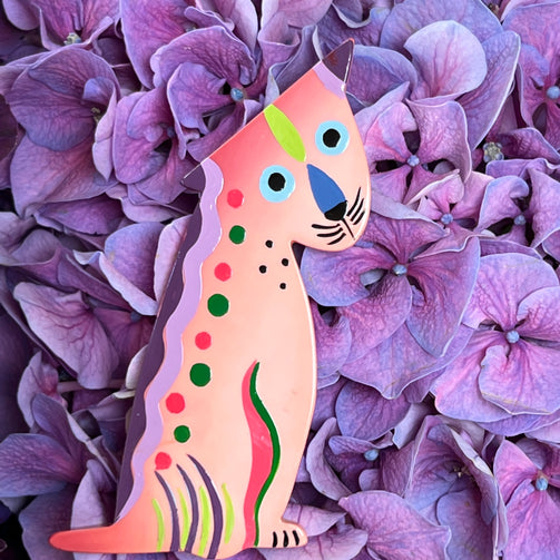 Pink Languorous Cat Brooch  in galalith