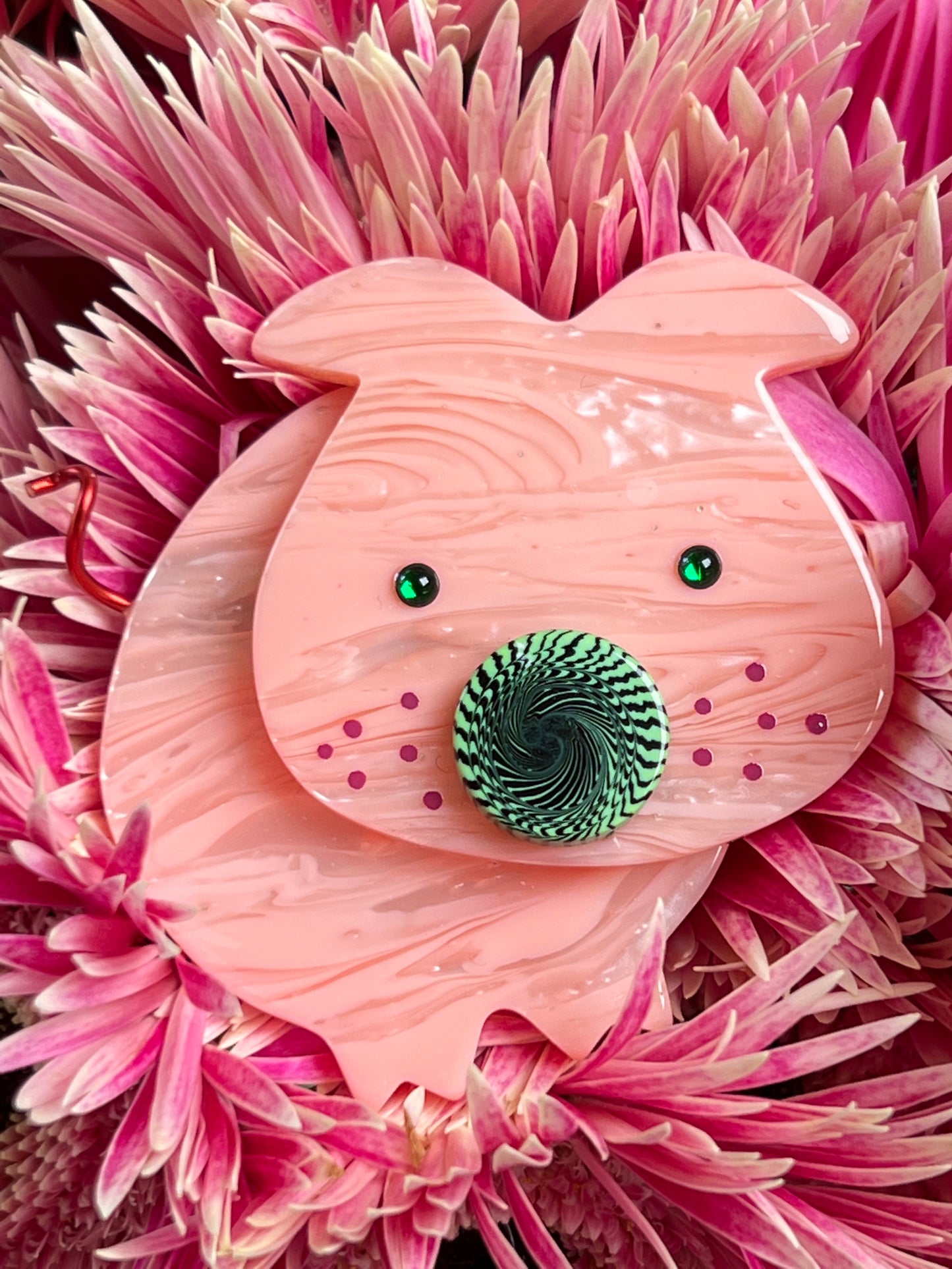 Pink and green Pig Brooch GM