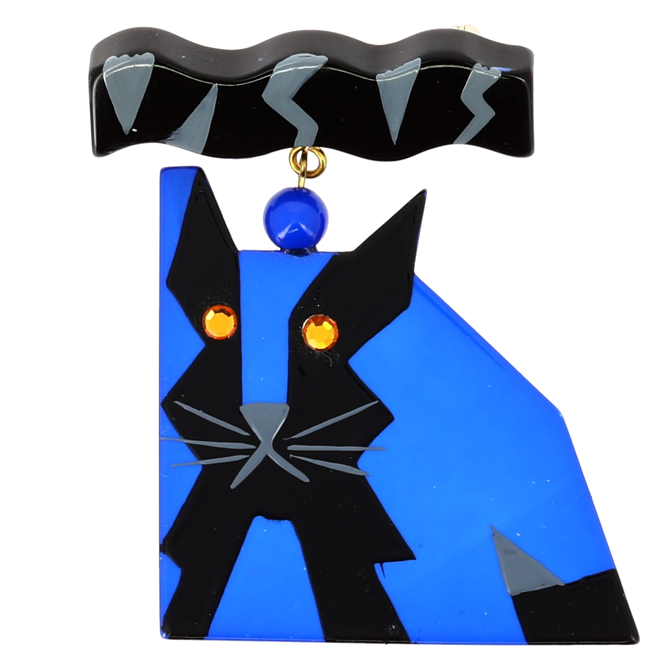 Black and Blue Cat Medal Brooch in galalith