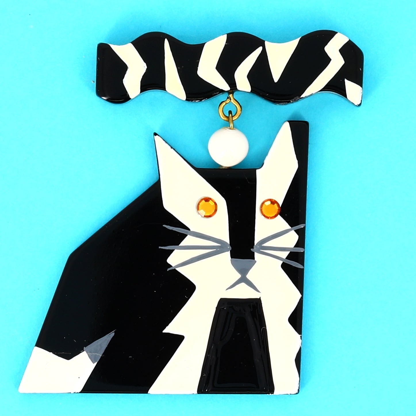 Black and White Cat Medal Brooch in galalith
