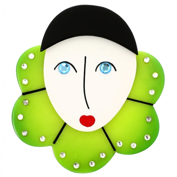Pierrot with Anis Green Collarette Brooch in galalith
