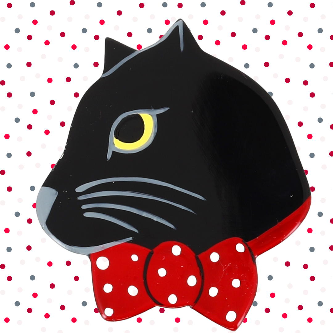 Black and Red Ribbon Cat Brooch in galalith