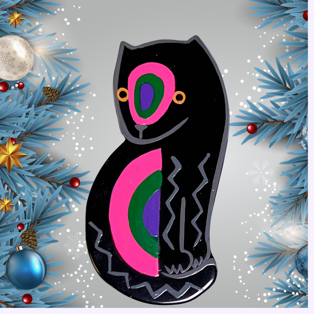 Black, Pink, Green and Purple Sonia Cat Brooch in galalith