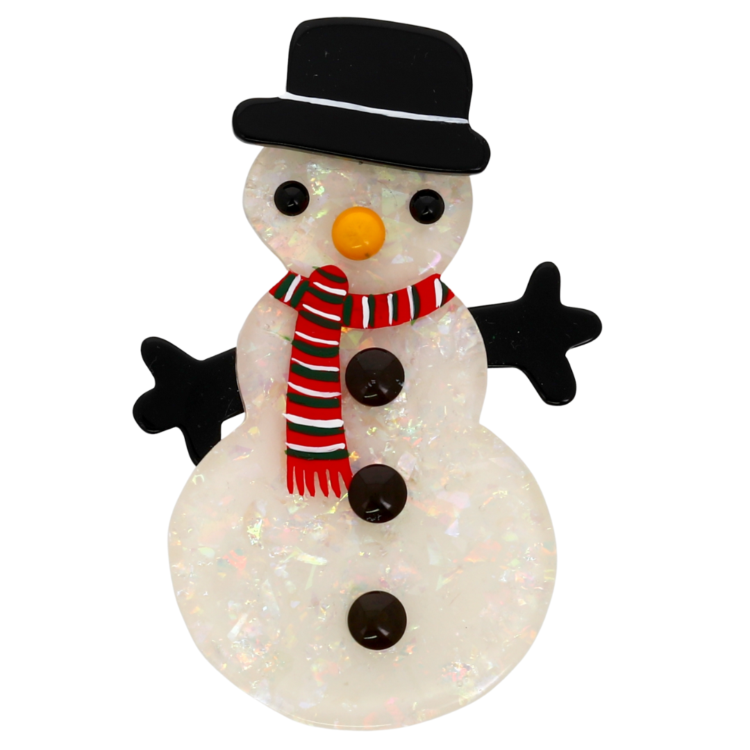 Shiny White Snowman Brooch with a red striped scarf