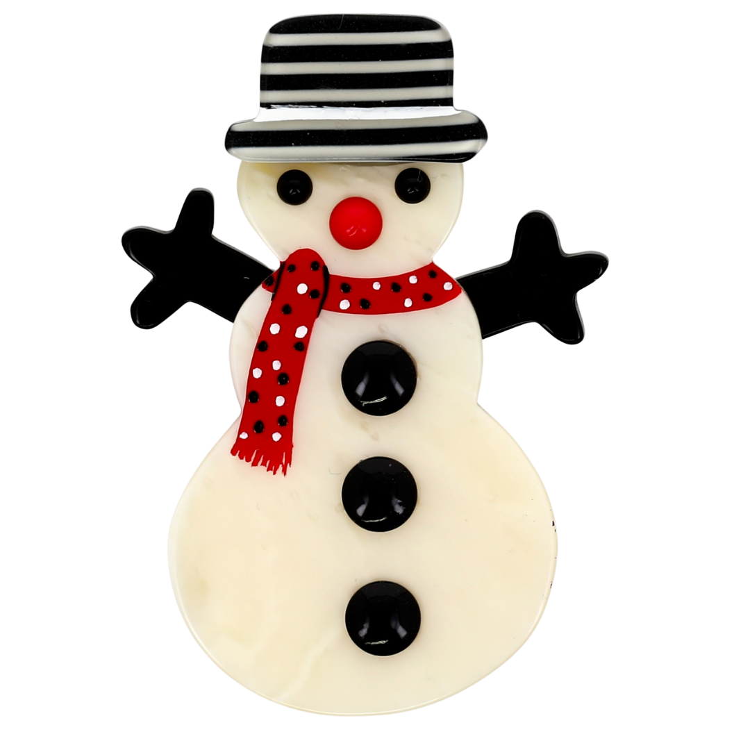 White  Snowman Brooch with a black striped hat and a red polka dot scarf
