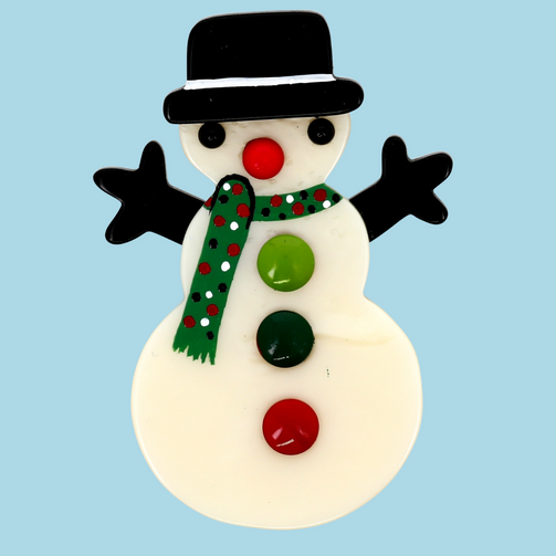 White  Snowman Brooch with a black hat and a green polka dot scarf