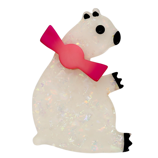 Brilliant White Sitting Alex Bear Brooch with a pink bow tie