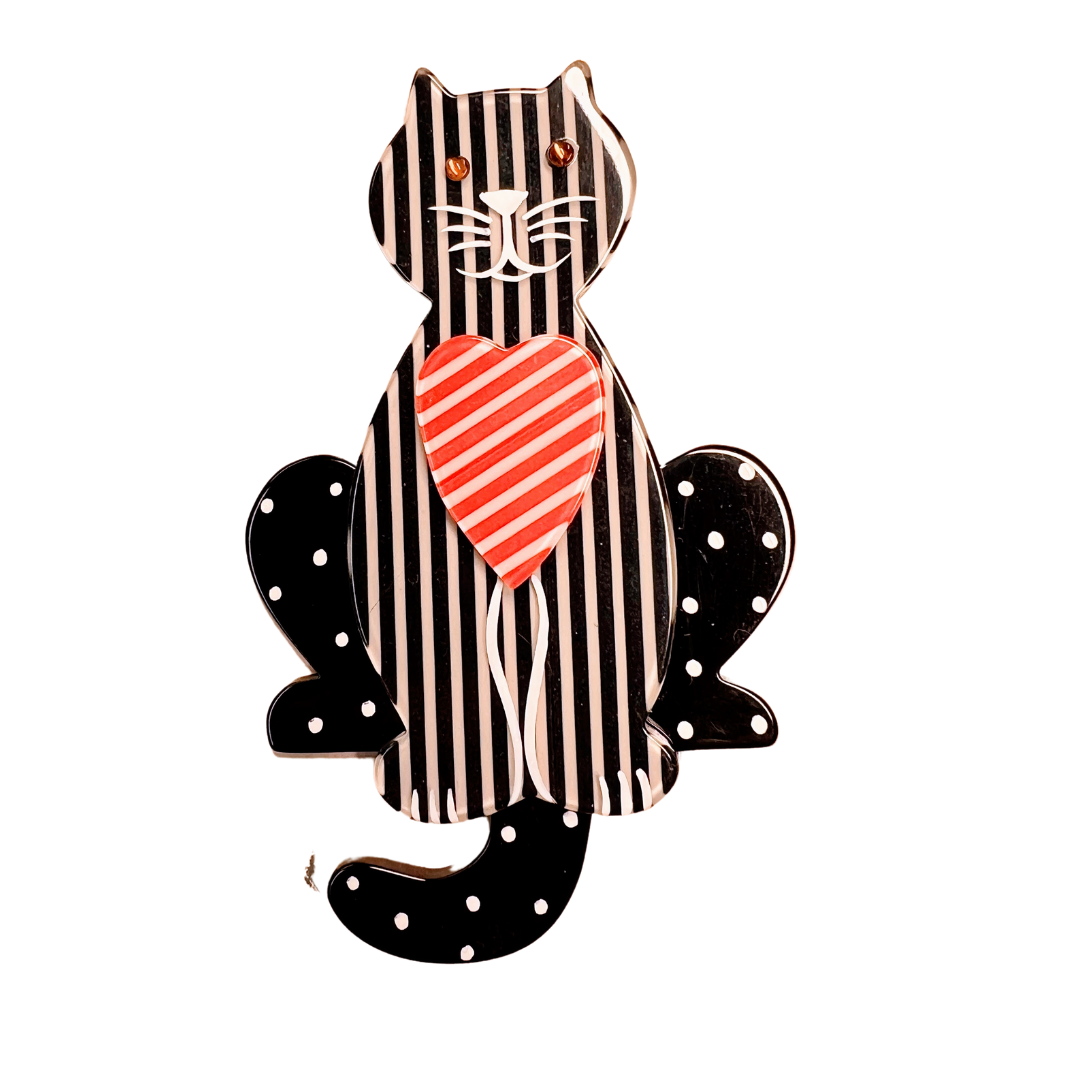 Black and white polka dots and stripes Lucifer cat brooch