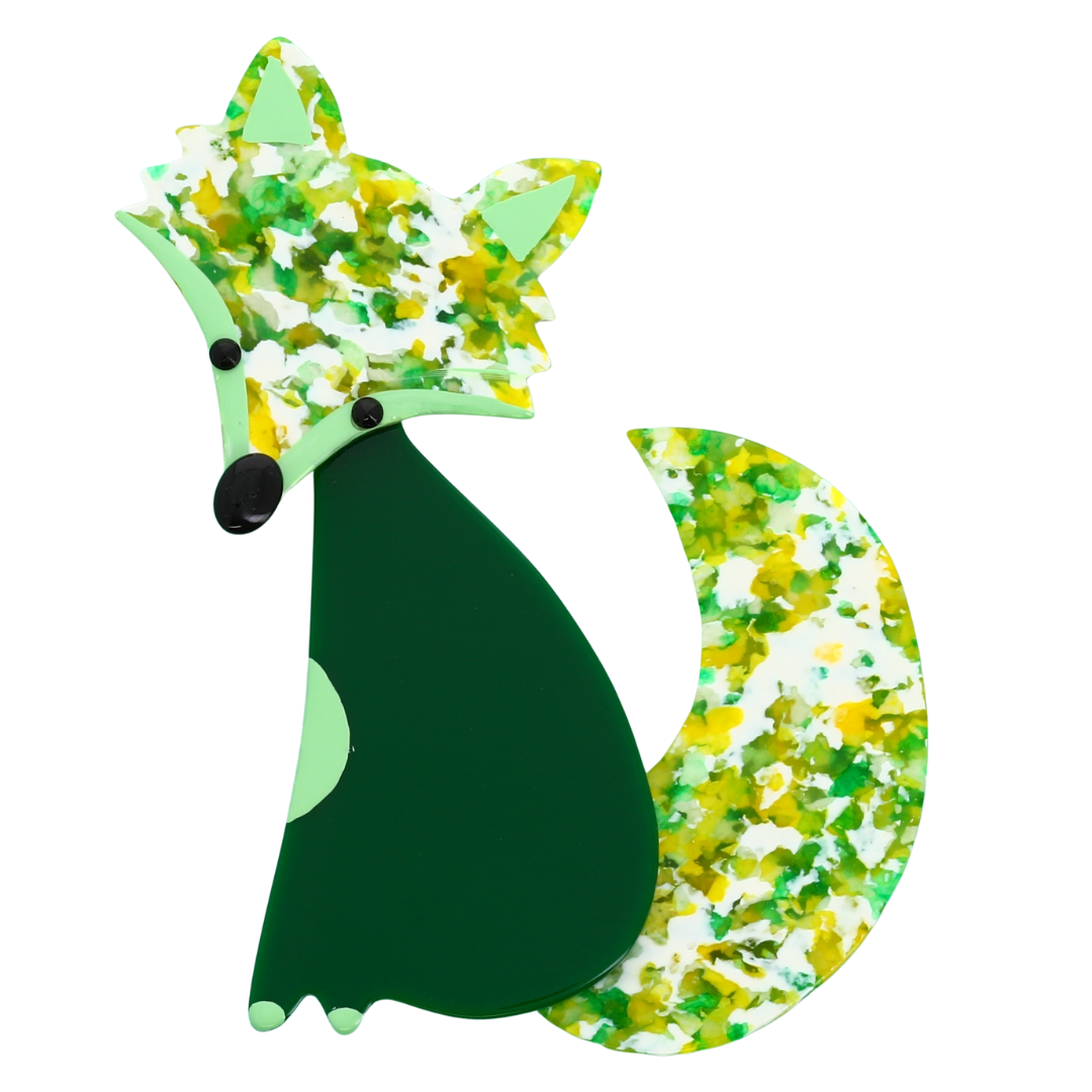 Green and Green with glitter Ladyfox Fox Brooch in galalith