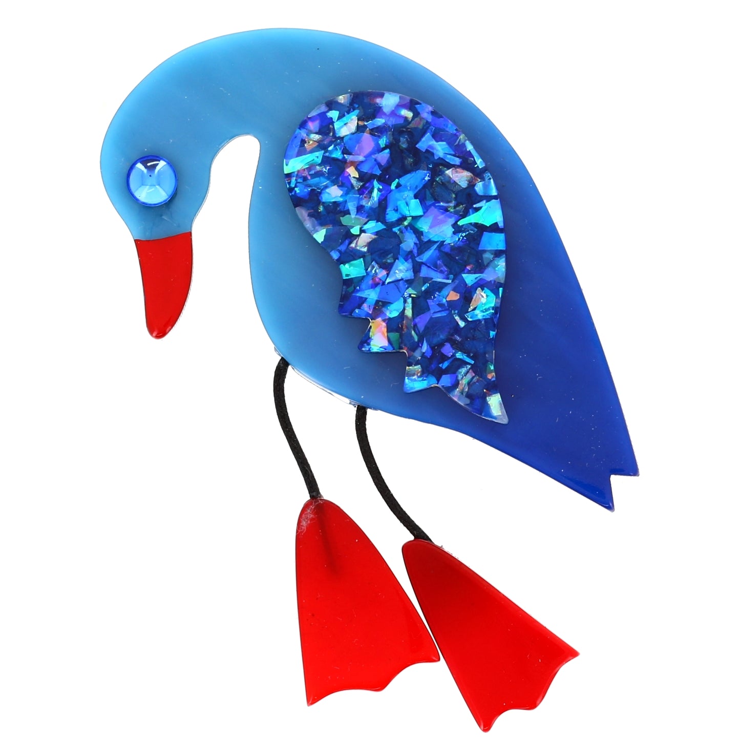  French BlueTwisty Bird Brooch with Red Feet in galalith