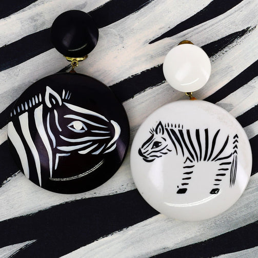 Black and white zebra earrings in galalith