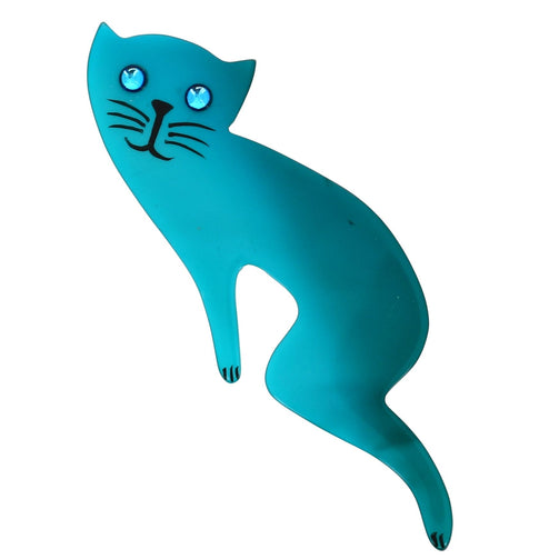 Bondy Blue Languid Cat Brooch in galalith