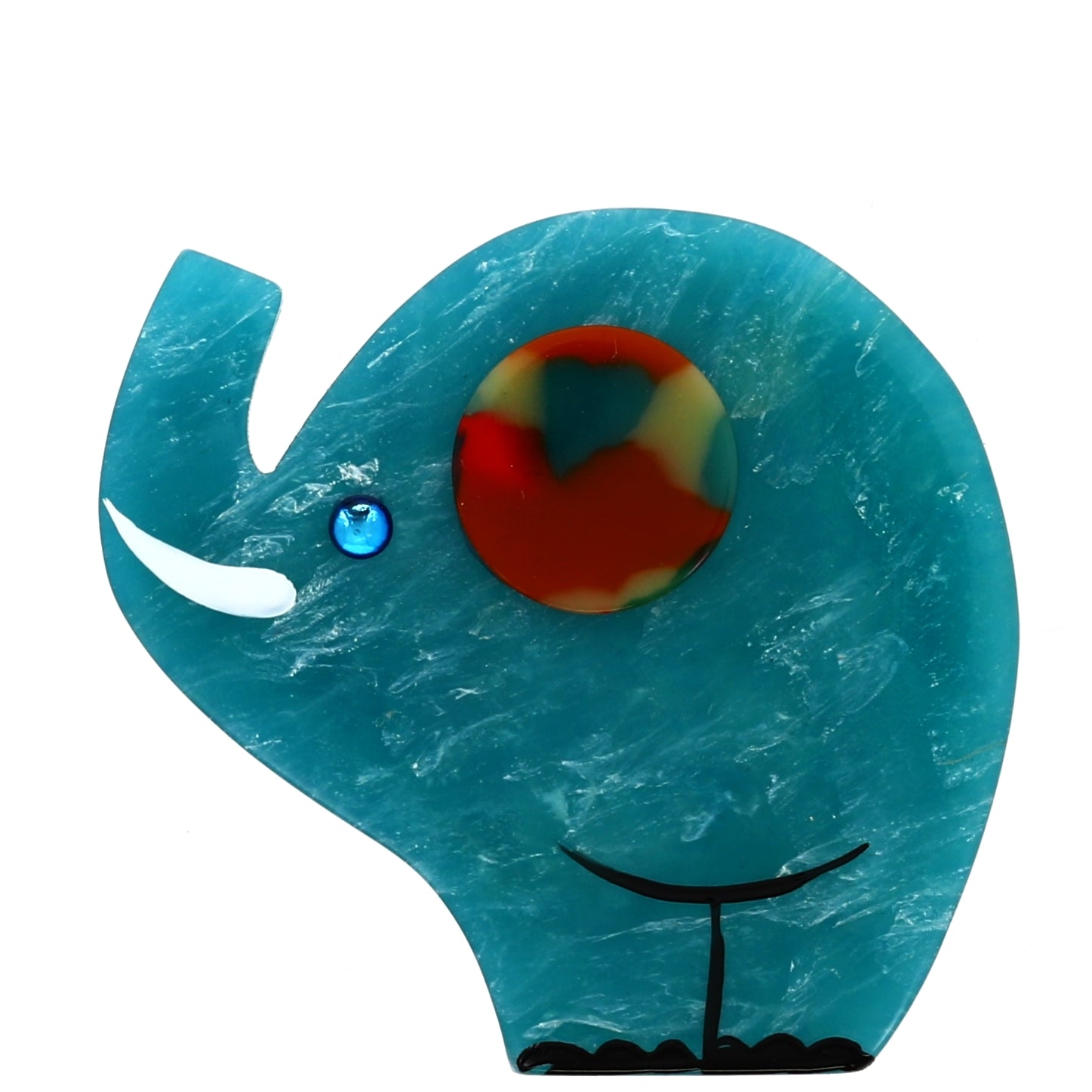 Veined Turquoise Elephant Brooch with a multicolor Ear in galalith