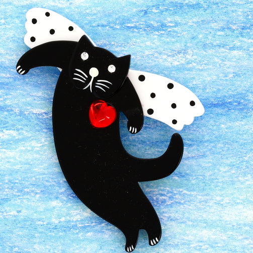 Black and White Angelo Cat Brooch with dots