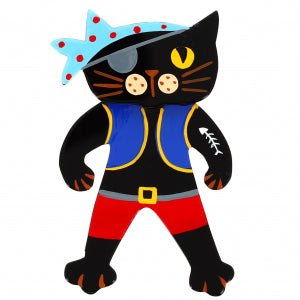 Black Pirate Cat Brooch with cobalt blue, azur blue and red (mittle one) - Galalith – Vintage Jewelry - handcrafted by Pavone by Pavone