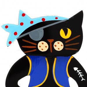 Black Pirate Cat Brooch with cobalt blue, azur blue and red (mittle one) - Galalith – Vintage Jewelry - handcrafted by Pavone by Pavone