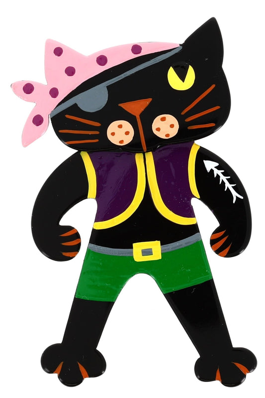 Black Pirate Cat Brooch with purple, pink and green (Middle one) - Galalith – Vintage Jewelry - handcrafted by Pavone by Pavone