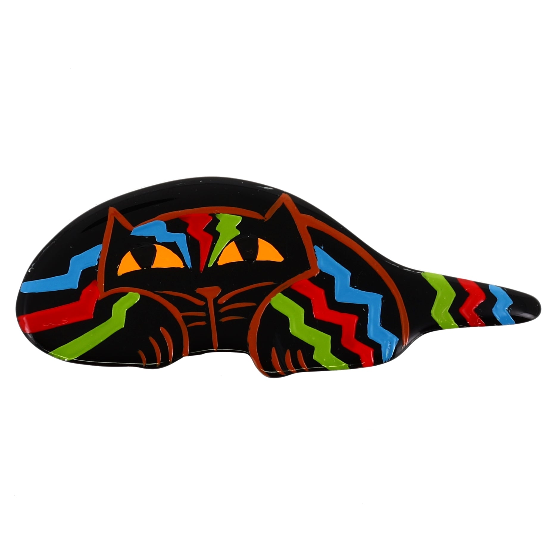 Black Riton Cat Brooch with blue, red and anis tigers - Galalith – Vintage Jewelry - handcrafted by Pavone by Pavone