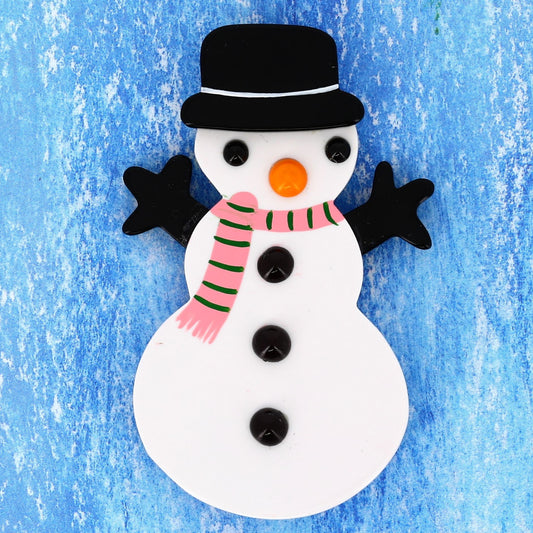 White Snowman Brooch with a pink scarf