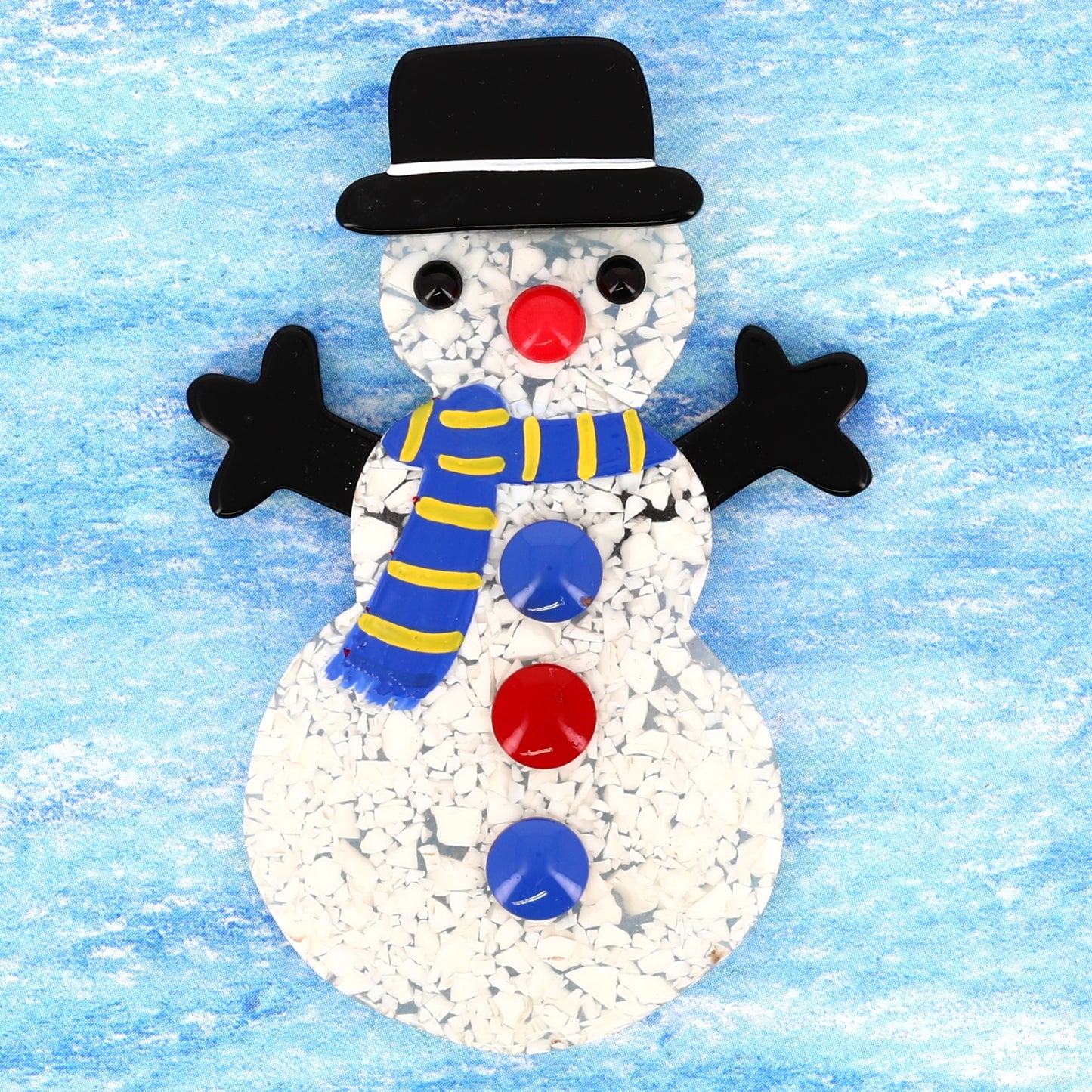 White Mosaic Snowman Brooch with a Blue scarf