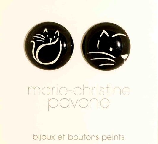 Buttons  : White Graffiti Cat on Black Galalith Buttons (Set of 2 Buttons) 30mm