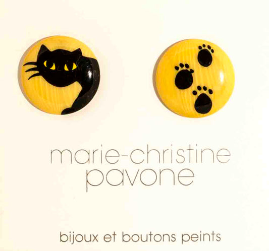  Buttons  : Black Cat and Tracks on Yellow Galalith Buttons (set of two Buttons) 26mm 