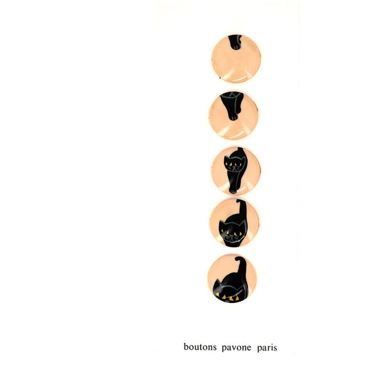 Buttons : Black Cat Who Advances on Light Beige Buttons (Set of 5 Different Buttons : diameter 22mm)