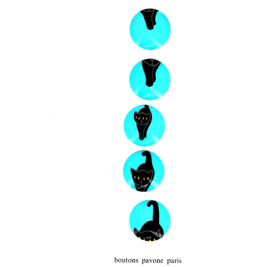 BButtons  : Black Cat Who Advances on Turquoise Buttons (Set of 5 Different Buttons. Diameter 28mm)