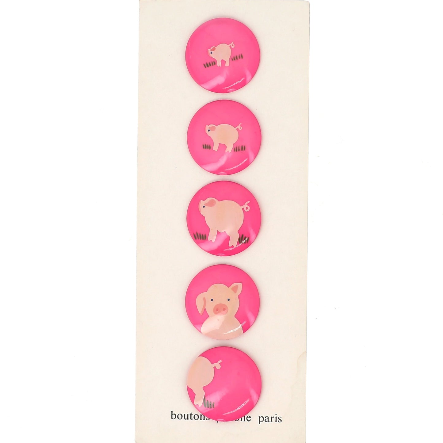 Buttons : Light Pink Pig on Candy Pink Buttons. Diameter 28mm. (Set of 5 Different Buttons)