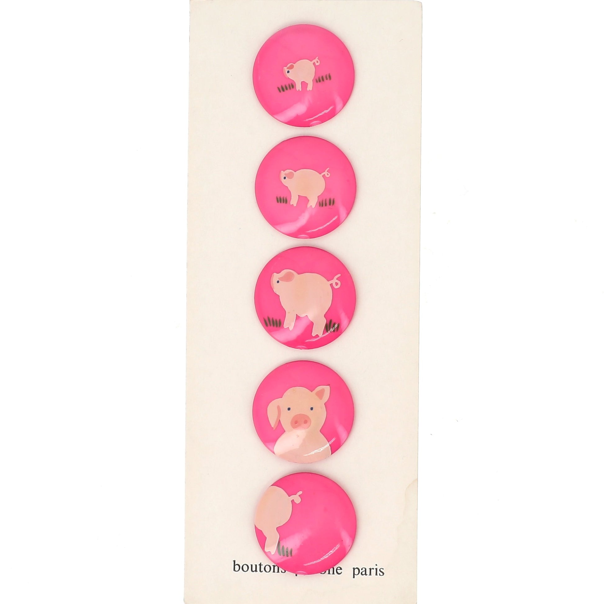Buttons : Light Pink Pig on Candy Pink Buttons. Diameter 28mm. (Set of 5 Different Buttons)