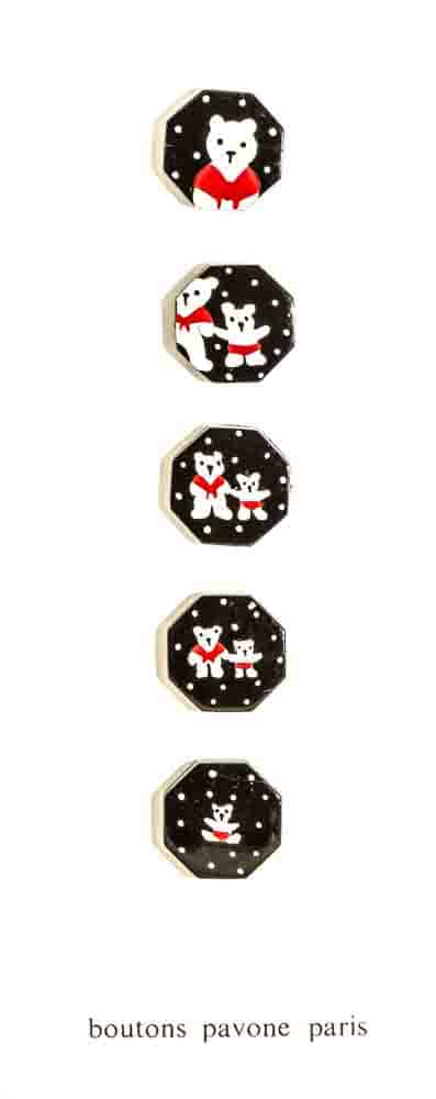 Buttons : White Teddy Bear on Black Octogonal Buttons. Diameter 18mm. (Set of 5 Different Buttons)