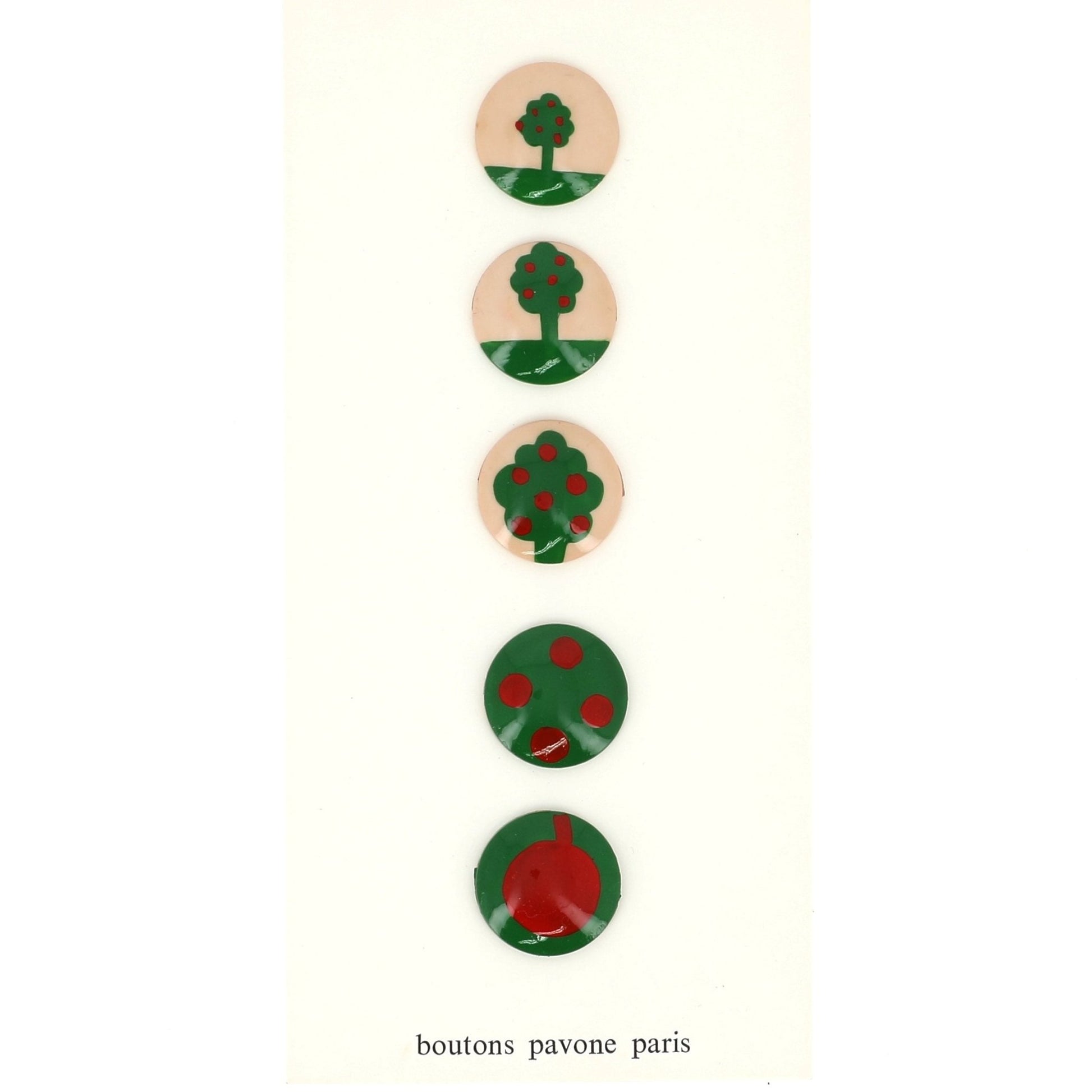Buttons : Green Apple Tree on Beige Buttons. Diameter 22mm. (Set of 5 Different Buttons) - Galalith – Vintage Jewelry - handcrafted by Pavone by Pavone