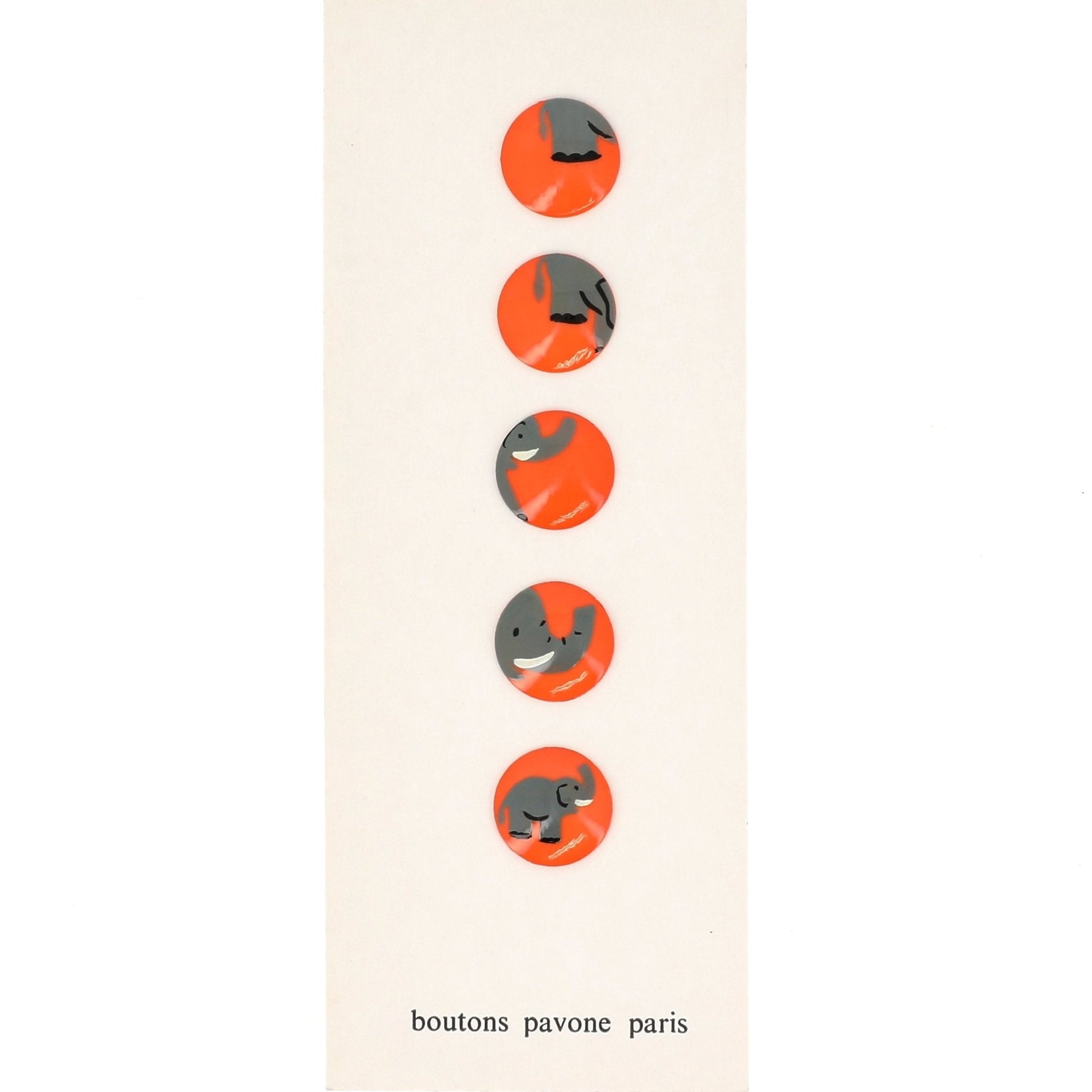 Buttons : Grey Elephant on Coral Orange Buttons. Diameter 18mm. (Set of 5 diffferent Buttons) - Galalith – Vintage Jewelry - handcrafted by Pavone by Pavone