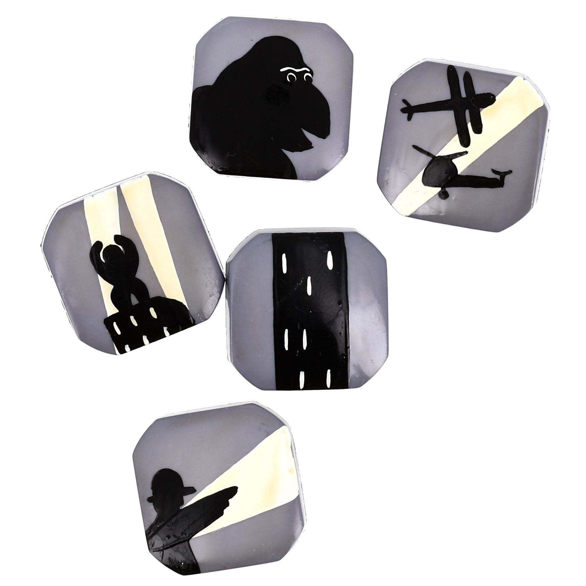 Buttons : King Kong on Light Grey Square Buttons. Diameter 22mm. (Set of 5 Different Buttons) - Galalith – Vintage Jewelry - handcrafted by Pavone by Pavone