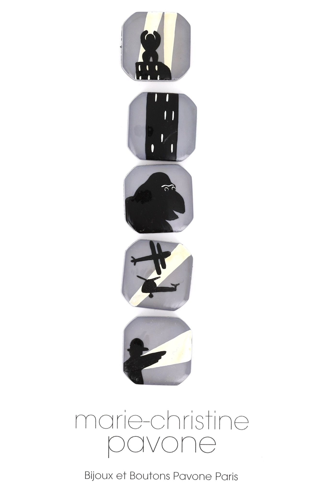 Buttons : King Kong on Light Grey Square Buttons. Diameter 22mm. (Set of 5 Different Buttons) - Galalith – Vintage Jewelry - handcrafted by Pavone by Pavone