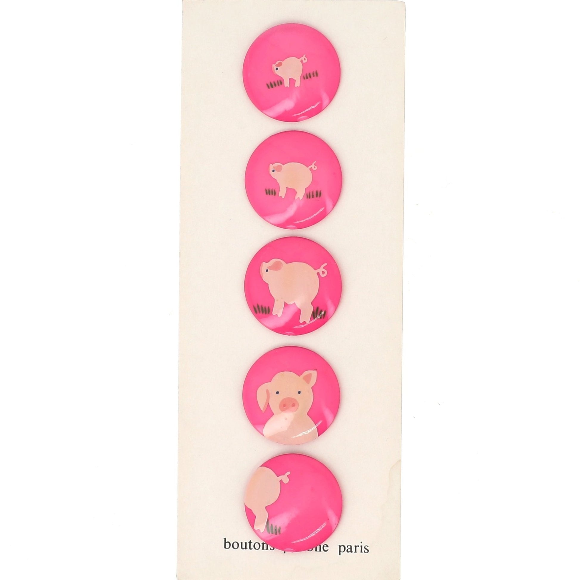 Buttons : Light Pink Pig on Candy Pink Buttons. Diameter 28mm. (Set of 5 Different Buttons) - Galalith – Vintage Jewelry - handcrafted by Pavone by Pavone
